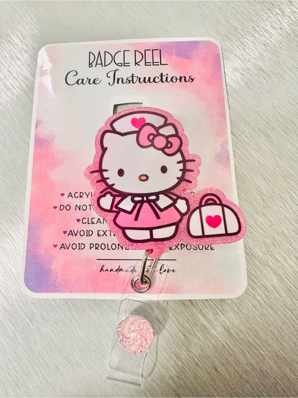 HKPink Glitter Badge Reel with Heart Purse Charm